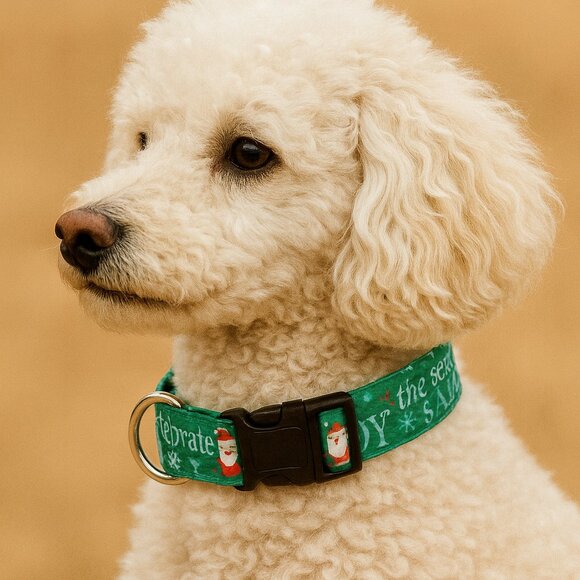 Christmas Dog Collar, Green Holiday Pet Collar, Santa and Reindeer Cotton Collar - Picture 3 of 5